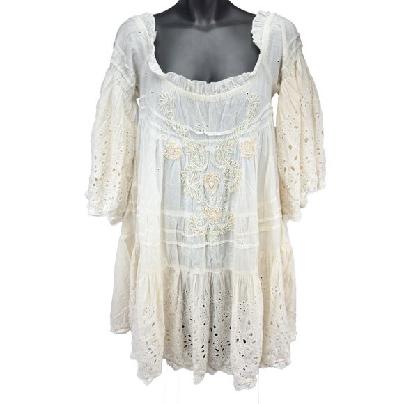 ANTICA SARTORIA Beach Babydoll Eyelet Lace Puffed Sleeves Beaded White Mini OS - Picture 1 of 10